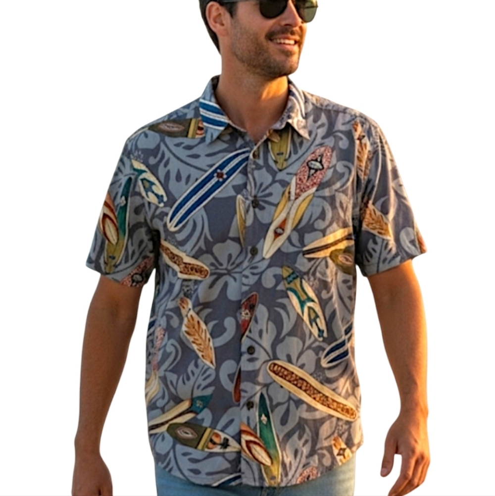 Robert Stock Hawaiian Button Down‎ Surf Board Shirt Short Sleeve Size Medium